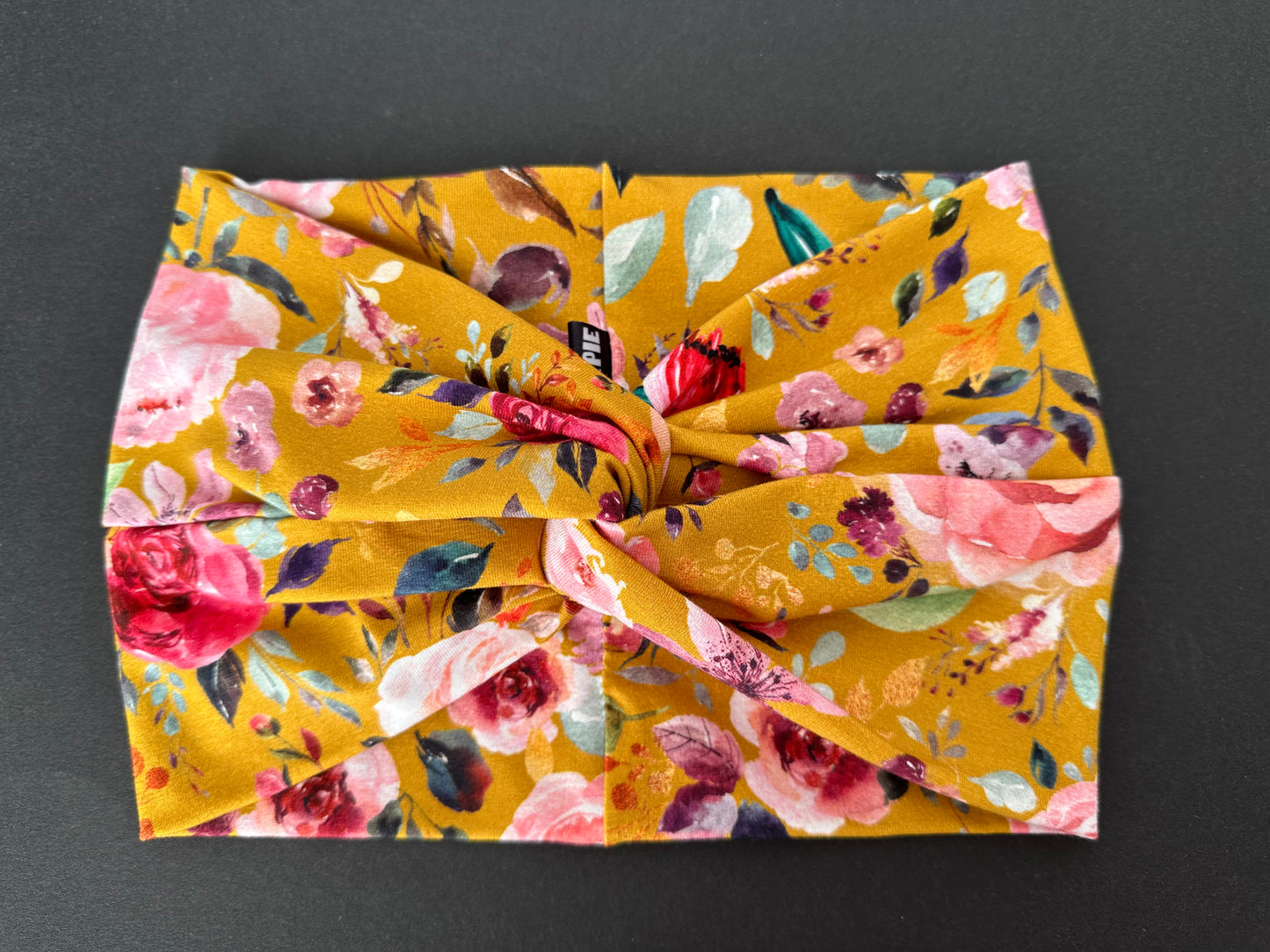 STIRNBAND / Turban Haarband aus Bio-Jersey / senf-gelb mit Blumen