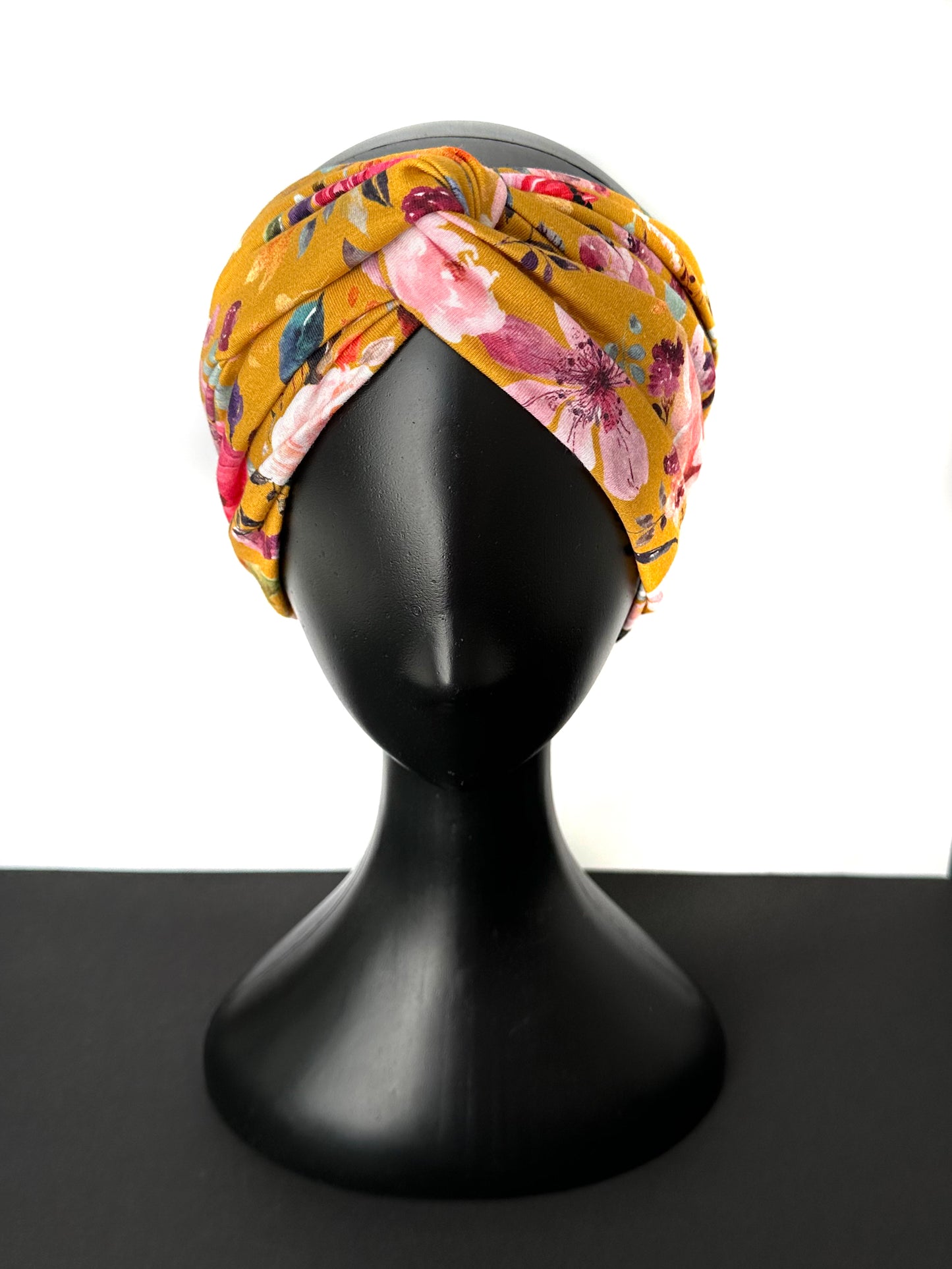 STIRNBAND / Turban Haarband aus Bio-Jersey / senf-gelb mit Blumen