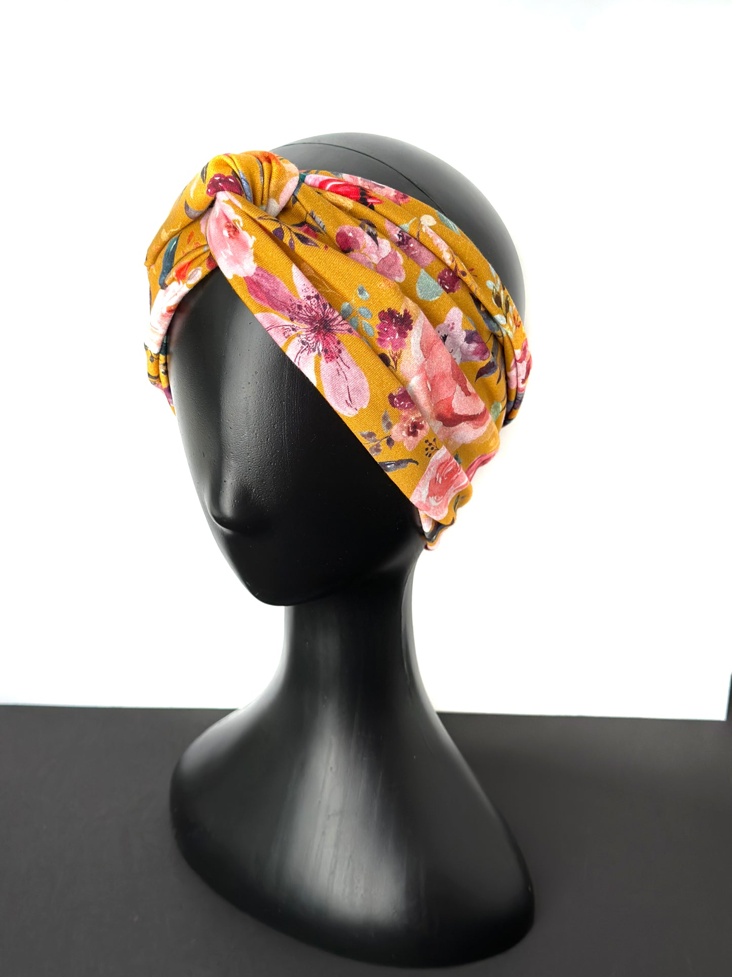 STIRNBAND / Turban Haarband aus Bio-Jersey / senf-gelb mit Blumen