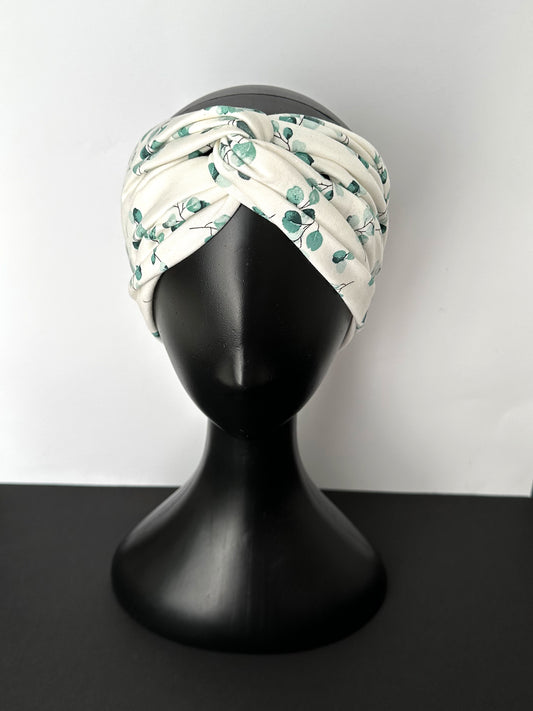 STIRNBAND / Turban Haarband aus Jersey / weiß mit mit Eukalyptus
