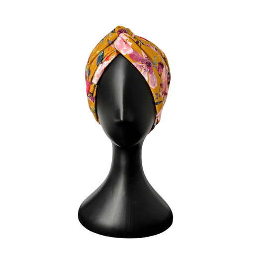 STIRNBAND / Turban Haarband aus Bio-Jersey / senf-gelb mit Blumen